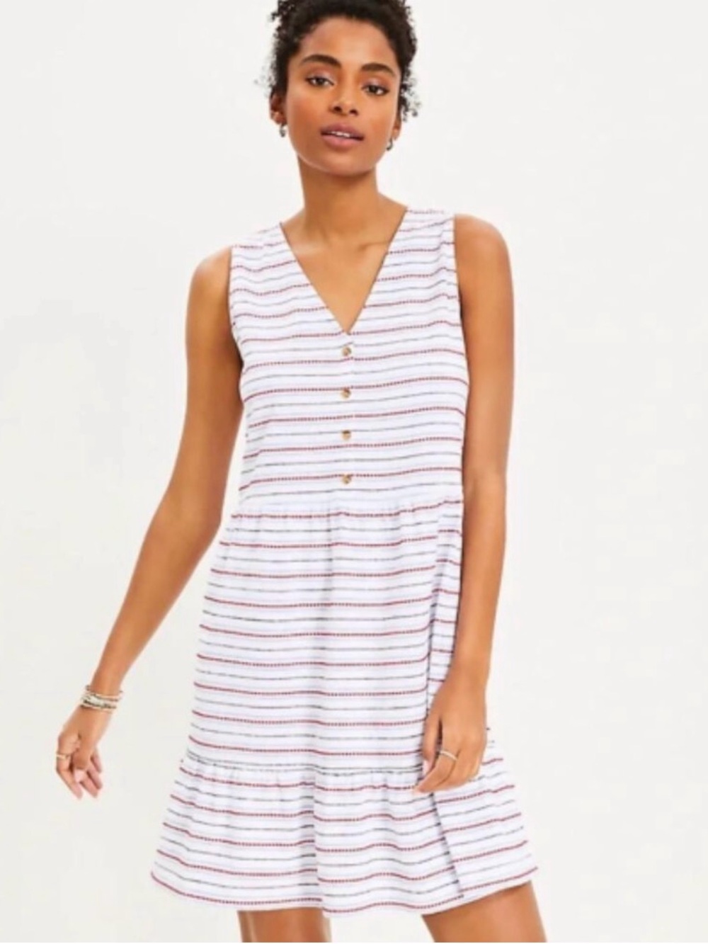 LOFT Striped Sleeveless Midi Dress in White, Red & Blue
